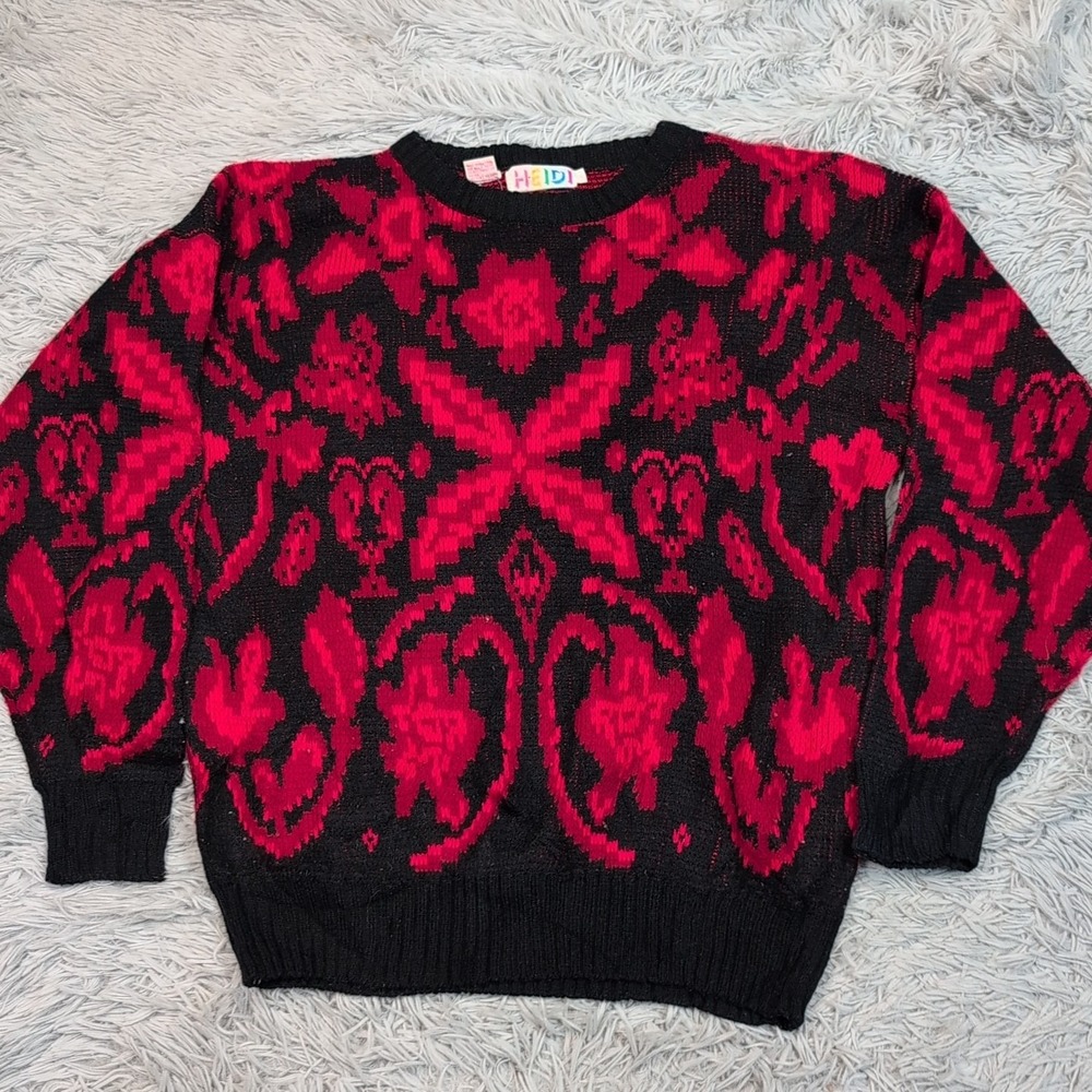 Vintage Heidi Sweater Womens L Red 80's Cozy Comfort Floral‎ Casual Preppy